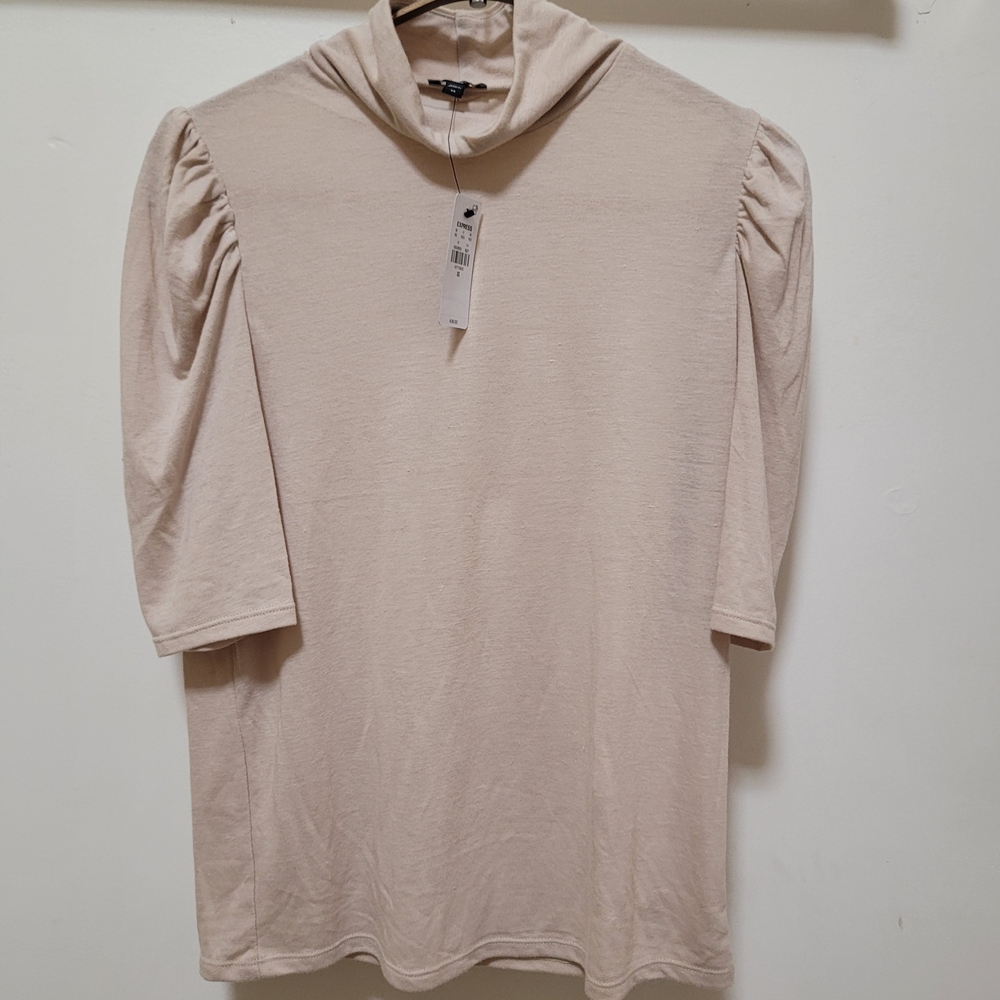 Nwt Express Skimming Linen-Blend Mock Neck Puff Sleeve Tee